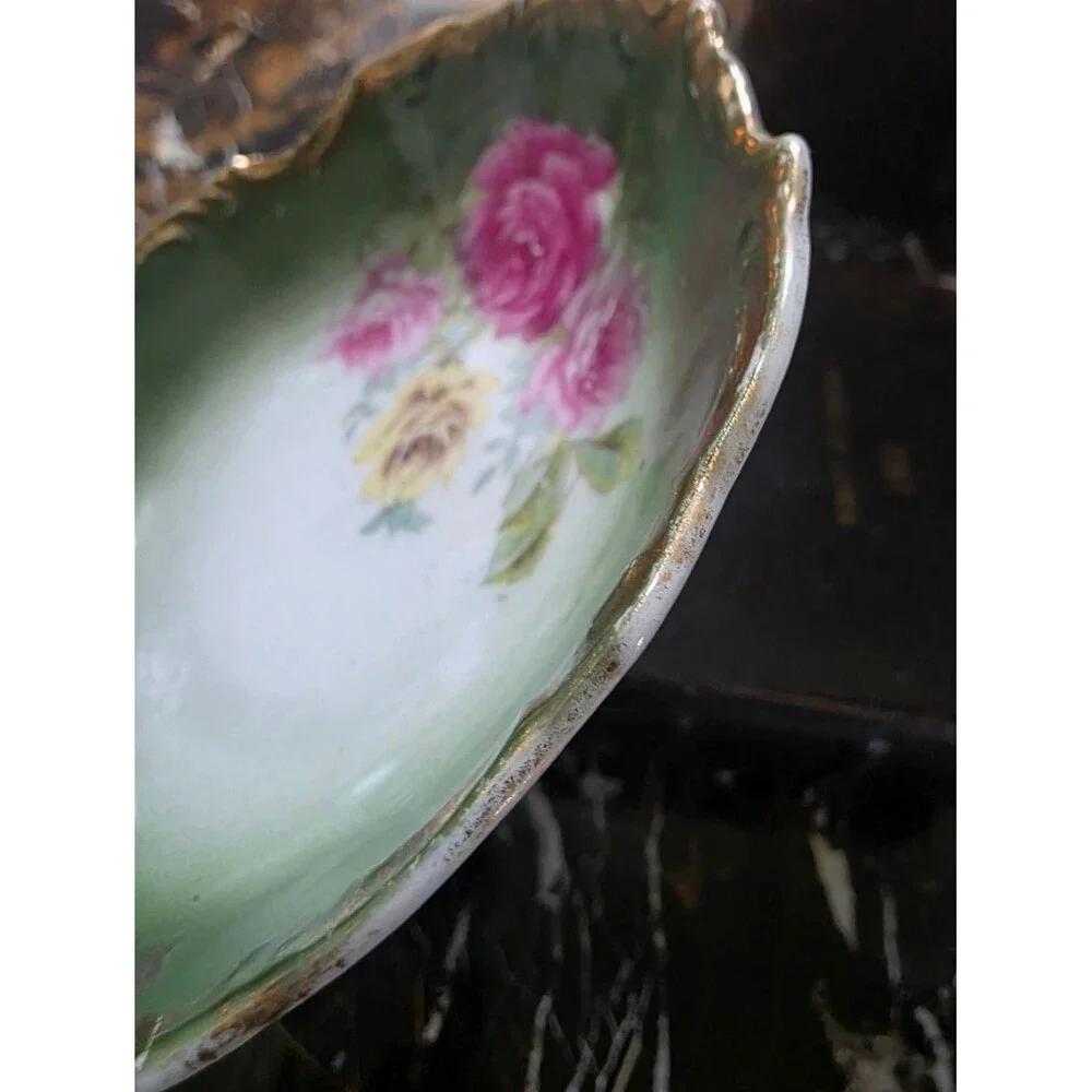 Shabby Chic Roses Pink Gold Gilt Ornate Scalloped Embossed Green Bowl Catch All